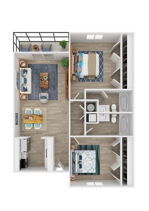 a stylized floor plan with a bedroom and a living room